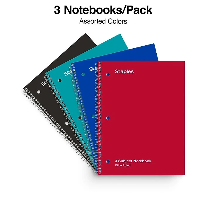 Staples 3 Subject Notebook, 8" X 10 1/2", Wide Ruled, 120 Sheets, Assorted Colors (Each) 2 Staples 3 Subject Notebook, 8" X 10 1/2", Wide Ruled, 120 Sheets, Assorted Colors (Each) - Image 2