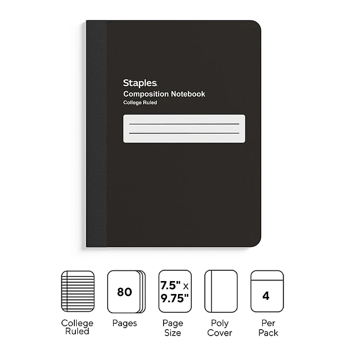 Staples Composition Notebook, 7.5" X 9.75", College Ruled, 80 Sheets, Black, 4/Pack (ST58293) 2 Staples Composition Notebook, 7.5" X 9.75", College Ruled, 80 Sheets, Black, 4/Pack (ST58293) - Image 2