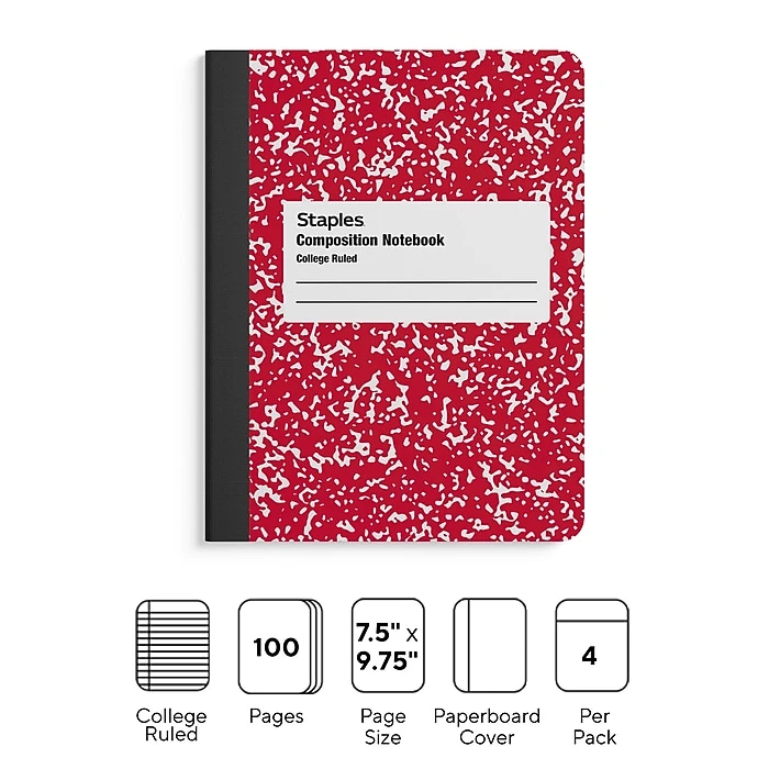 Staples® Composition Notebooks, 7.5" X 9.75", College Ruled, 100 Sheets, Assorted Colors, 4/Pack (ST58370) 2 Staples® Composition Notebooks, 7.5" X 9.75", College Ruled, 100 Sheets, Assorted Colors, 4/Pack (ST58370) - Image 2