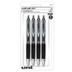 Uni-ball 207 Retractable Gel Pens, Micro Point, Black Ink, 4/Pack (61270)