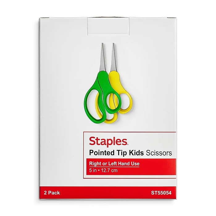 Staples 5" Kids Pointed Tip Stainless Steel Scissors, Straight Handle, Right & Left Handed, 2/Pack (TR55054) 4 Staples 5" Kids Pointed Tip Stainless Steel Scissors, Straight Handle, Right & Left Handed, 2/Pack (TR55054) - Image 4