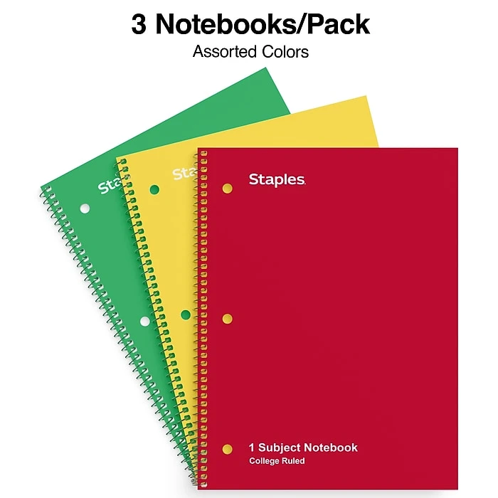 Staples 1-Subject Notebook, 8" X 10.5", College Ruled, 70 Sheets, Assorted Colors, 3/Pack (TR58375) 3 Staples 1-Subject Notebook, 8" X 10.5", College Ruled, 70 Sheets, Assorted Colors, 3/Pack (TR58375) - Image 3