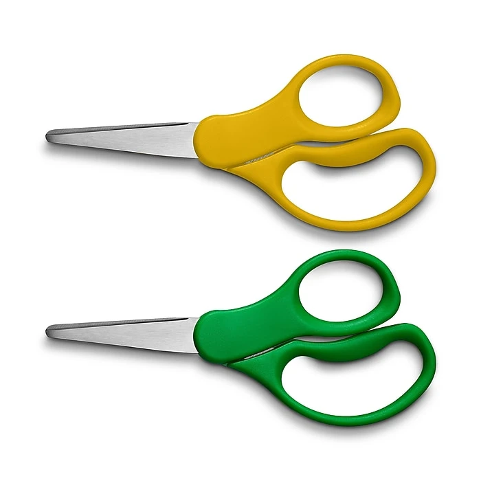 Staples 5" Kids Pointed Tip Stainless Steel Scissors, Straight Handle, Right & Left Handed, 2/Pack (TR55054) 1 Staples 5" Kids Pointed Tip Stainless Steel Scissors, Straight Handle, Right & Left Handed, 2/Pack (TR55054)