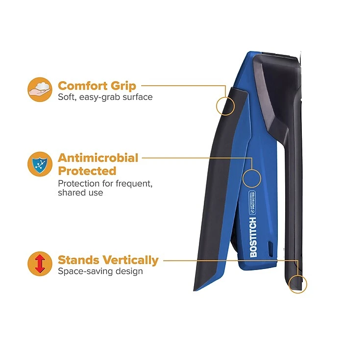 Bostitch InPower Spring-Powered Desktop Stapler, 20-Sheet, Blue/Black (1122) 3 Bostitch InPower Spring-Powered Desktop Stapler, 20-Sheet, Blue/Black (1122) - Image 3