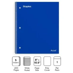 Staples Premium 5-Subject Notebook, 8.5" X 10.5", Wide Ruled, 200 Sheets, Black (TR58317)