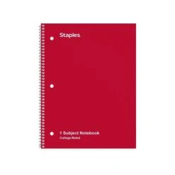 Staples 1-Subject Notebook, 8" X 10.5", College Ruled, 70 Sheets, Assorted Colors, 3/Pack (TR58375)