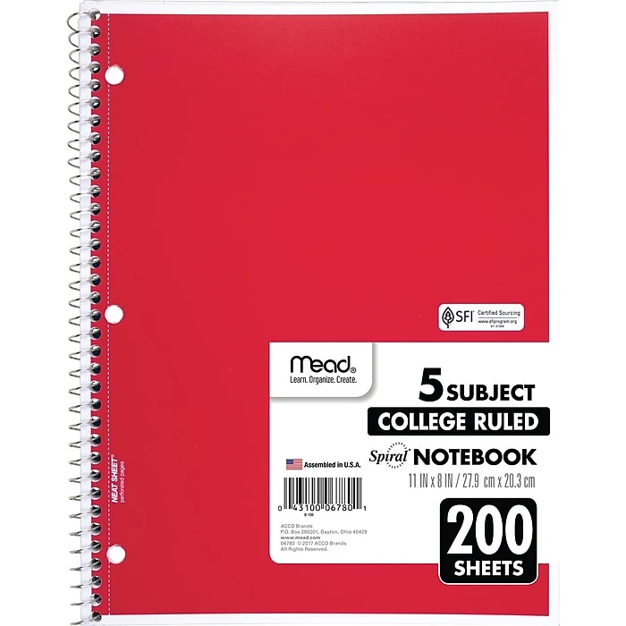 Mead Spiral 5-Subject Notebook, 8.5" X 11", College Ruled, 200 Sheets, Assorted (06780) 4 Mead Spiral 5-Subject Notebook, 8.5" X 11", College Ruled, 200 Sheets, Assorted (06780) - Image 4