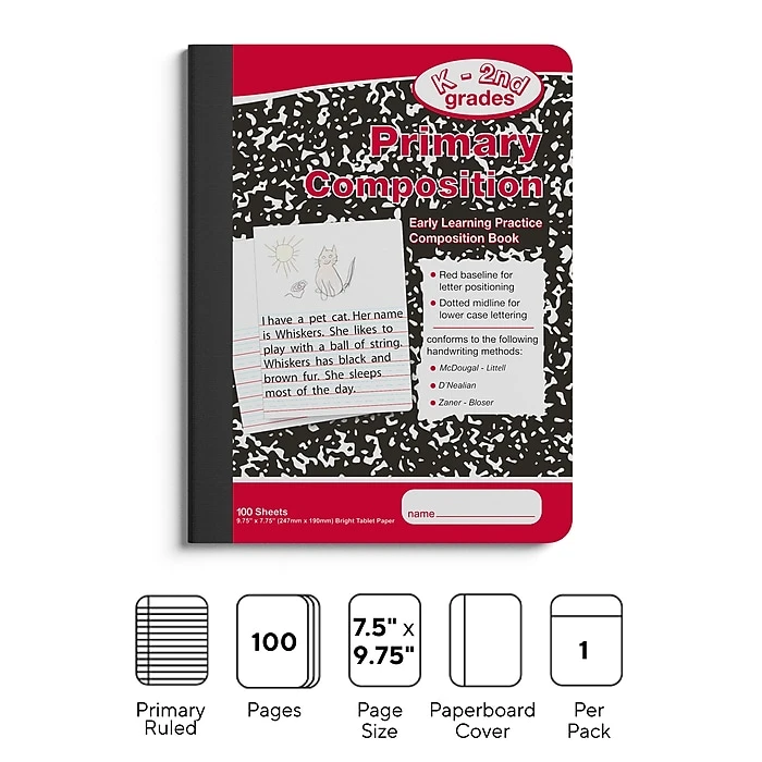 Staples® Composition Notebook, 7.5" X 9.75", Primary Ruled, 100/Sheets, Red/Black Marble (42079) 2 Staples® Composition Notebook, 7.5" X 9.75", Primary Ruled, 100/Sheets, Red/Black Marble (42079) - Image 2