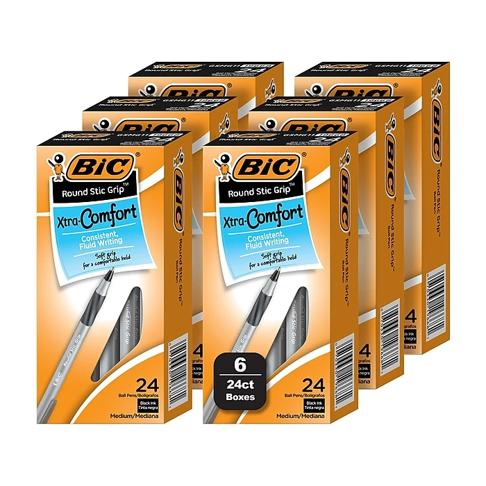 BIC Round Stic Grip Xtra Comfort Ballpoint Pen, Medium Point, Black Ink, 24/Box, 6 Boxes/Pack (GSMG144E-BLK) 1 BIC Round Stic Grip Xtra Comfort Ballpoint Pen, Medium Point, Black Ink, 24/Box, 6 Boxes/Pack (GSMG144E-BLK)