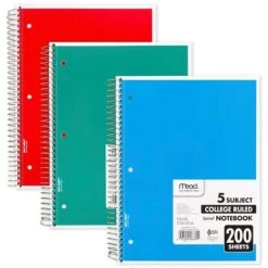 Mead Spiral 5-Subject Notebook, 8.5" X 11", College Ruled, 200 Sheets, Assorted (06780)