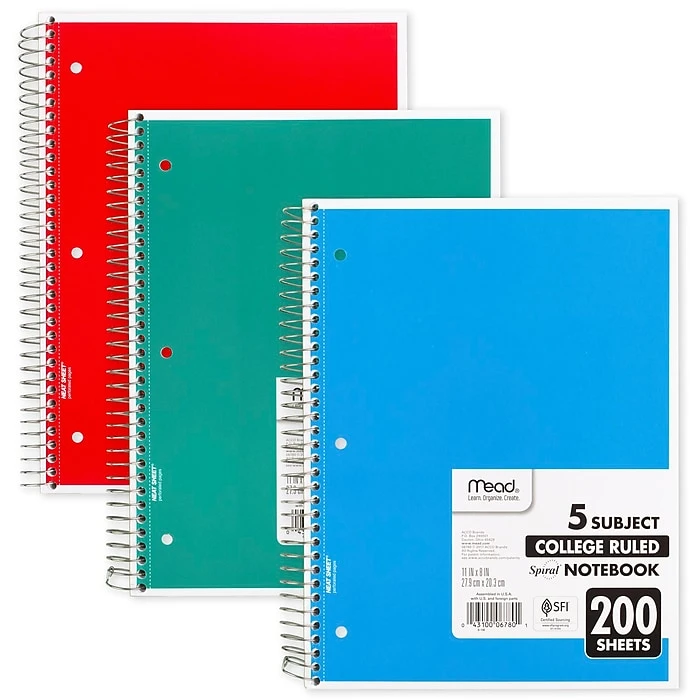 Mead Spiral 5-Subject Notebook, 8.5" X 11", College Ruled, 200 Sheets, Assorted (06780) 1 Mead Spiral 5-Subject Notebook, 8.5" X 11", College Ruled, 200 Sheets, Assorted (06780)