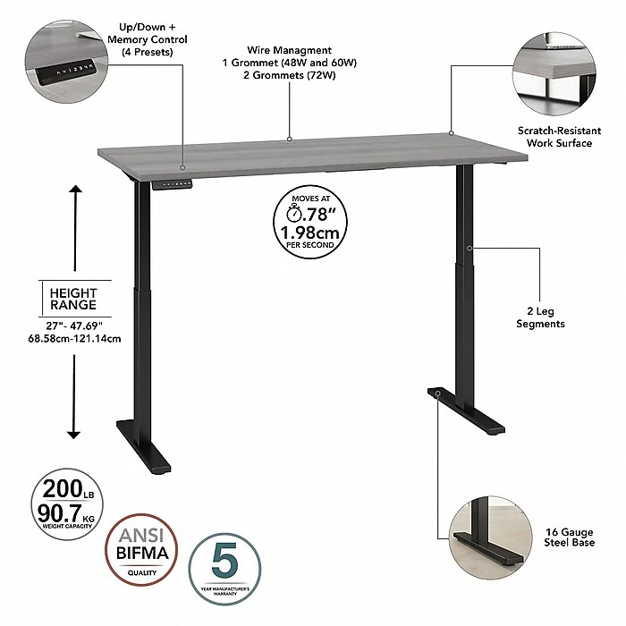 Bush Business Furniture Move 60 Series 27"-48" Adjustable Standing Desk, Platinum Gray/Black (M6S6030PGBK) 3 Bush Business Furniture Move 60 Series 27"-48" Adjustable Standing Desk, Platinum Gray/Black (M6S6030PGBK) - Image 3