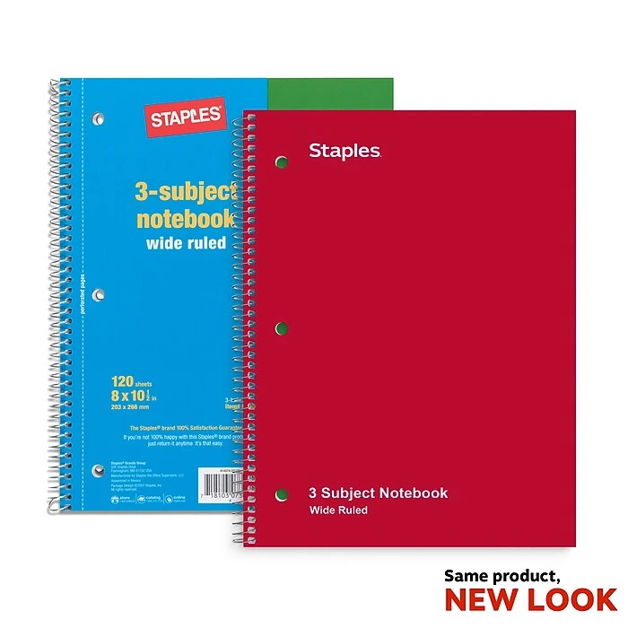 Staples 3 Subject Notebook, 8" X 10 1/2", Wide Ruled, 120 Sheets, Assorted Colors (Each) 1 Staples 3 Subject Notebook, 8" X 10 1/2", Wide Ruled, 120 Sheets, Assorted Colors (Each)