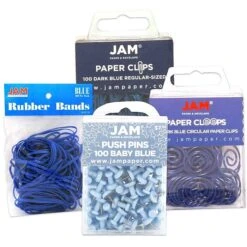 JAM Paper® Office Supply Assortment, Blue, 1 Rubber Bands, 1 Push Pins, 1 Paper Clips & 1 Round Paper Cloops (3224BUOASRT)