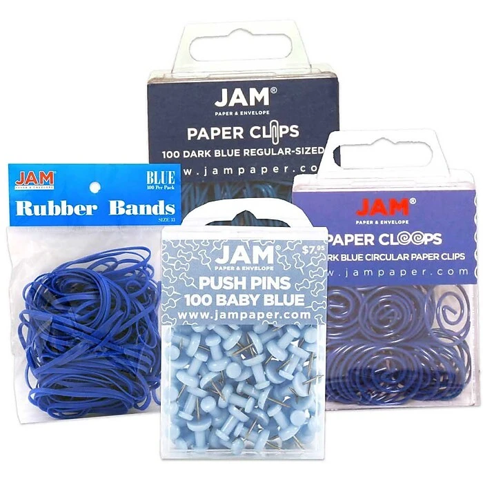 JAM Paper® Office Supply Assortment, Blue, 1 Rubber Bands, 1 Push Pins, 1 Paper Clips & 1 Round Paper Cloops (3224BUOASRT) 1 JAM Paper® Office Supply Assortment, Blue, 1 Rubber Bands, 1 Push Pins, 1 Paper Clips & 1 Round Paper Cloops (3224BUOASRT)