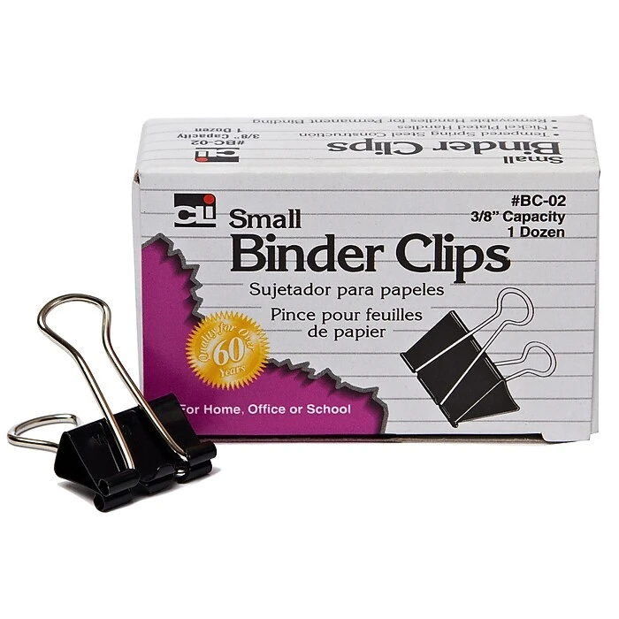 Binder Clips, Small, 3/8" Capacity, Black Box Of 12 (CHLBC02) 1 Binder Clips, Small, 3/8" Capacity, Black Box Of 12 (CHLBC02)