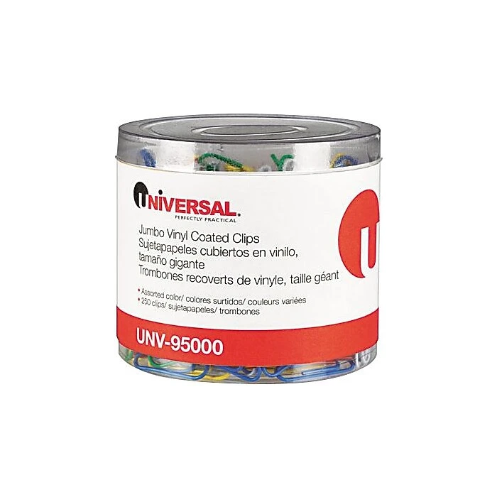 Universal Paper Clips, Vinyl Coated Wire, Jumbo, Assorted Colors, 250/Pk 1 Universal Paper Clips, Vinyl Coated Wire, Jumbo, Assorted Colors, 250/Pk