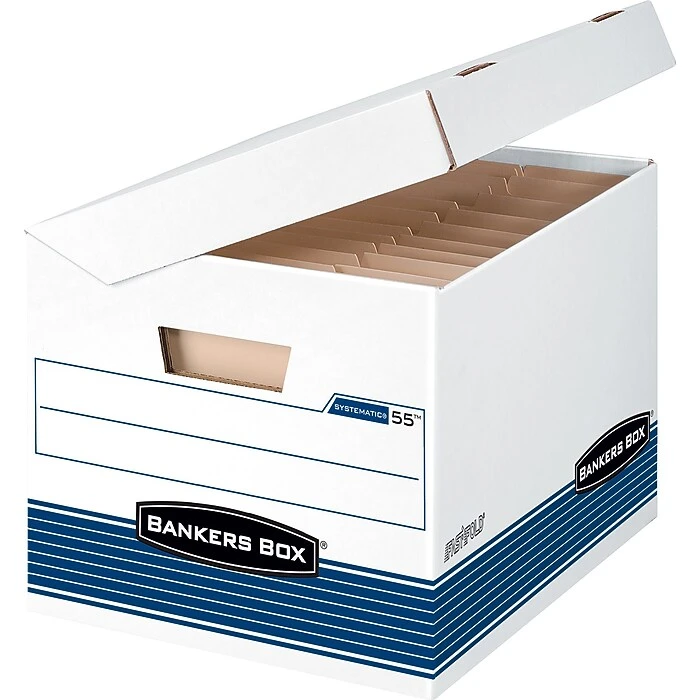 Bankers Box Systematic Medium-Duty FastFold File Storage Boxes, Flip-Top Lid, Letter/Legal Size, White/Blue, 12/Ct (0005502) 1 Bankers Box Systematic Medium-Duty FastFold File Storage Boxes, Flip-Top Lid, Letter/Legal Size, White/Blue, 12/Ct (0005502)