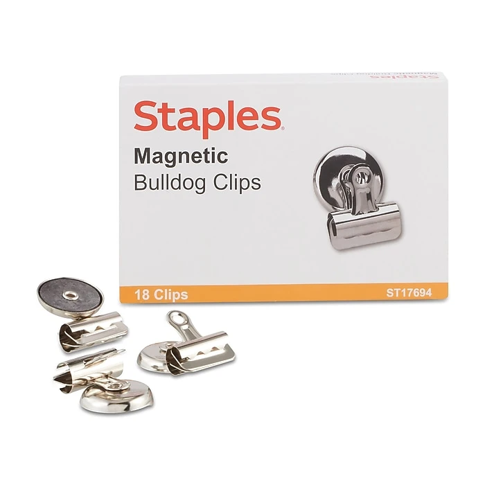 Staples Magnetic Bulldog Clips, 1.25"W, Metallic, 18/Pack (17694) 1 Staples Magnetic Bulldog Clips, 1.25"W, Metallic, 18/Pack (17694)
