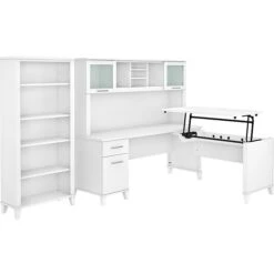 Bush Furniture Somerset 72"W 3-Position Sit To Stand L-Shaped Desk With Hutch And Bookcase, White (SET017WH)