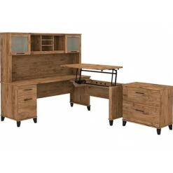 Bush Furniture Somerset Office Desk With 35"-41" Adjustable Return, Hutch, And File Cabinet, Fresh Walnut (SET016FW)