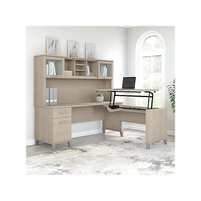 Bush Furniture Somerset Office Desk With 35"-41" Adjustable Return And Hutch, Sand Oak (SET015SO) 2 Bush Furniture Somerset Office Desk With 35"-41" Adjustable Return And Hutch, Sand Oak (SET015SO) - Image 2