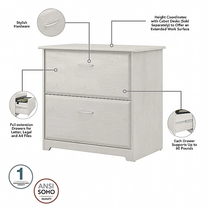 Bush Furniture Cabot 31"W 2-Drawer Lateral File Cabinet, Letter/Legal, Linen White Oak (WC31180) 3 Bush Furniture Cabot 31"W 2-Drawer Lateral File Cabinet, Letter/Legal, Linen White Oak (WC31180) - Image 3