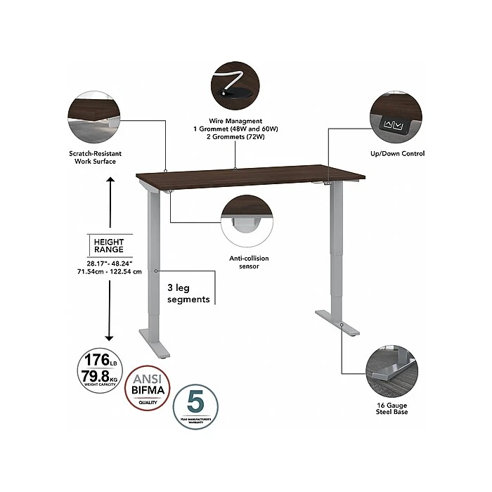 Bush Business Furniture Move 40 Series 28"-48" Adjustable Standing Desk, Black Walnut/Cool Gray Metallic (M4S4830BWSK) 3 Bush Business Furniture Move 40 Series 28"-48" Adjustable Standing Desk, Black Walnut/Cool Gray Metallic (M4S4830BWSK) - Image 3