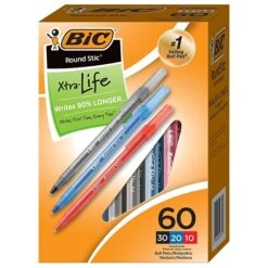 BIC Round Stic Xtra-Life Ballpoint Pen, Medium Point, Assorted Ink, 60/Pack (GSM609-AST)
