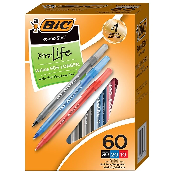 BIC Round Stic Xtra-Life Ballpoint Pen, Medium Point, Assorted Ink, 60/Pack (GSM609-AST) 1 BIC Round Stic Xtra-Life Ballpoint Pen, Medium Point, Assorted Ink, 60/Pack (GSM609-AST)