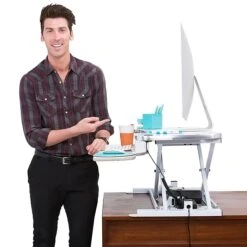 VersaDesk PowerPro 36"W Electric Sit To Stand Desktop Converter With Keyboard Tray & USB Port, White (SP7643624-00-05) -Office Supplies Shop sp35515534 sc7