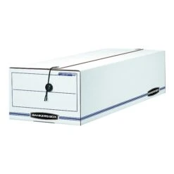 Bankers Box Liberty Corrugated File Storage Boxes, String & Button Closure, Check & Form Size, White/Blue, 12/Carton (00022)