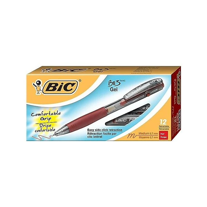 BIC BU3 Retractable Gel Pens, Medium Point, Red Ink, Dozen (RBU311-RED) 2 BIC BU3 Retractable Gel Pens, Medium Point, Red Ink, Dozen (RBU311-RED) - Image 2