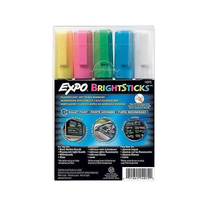 Expo BrightSticks Wet Erase Markers, Bullet Tip, Assorted, 5/Pack (14075) 1 Expo BrightSticks Wet Erase Markers, Bullet Tip, Assorted, 5/Pack (14075)