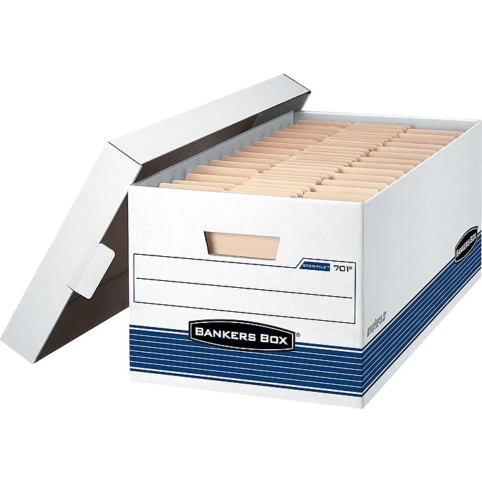 Bankers Box Medium-Duty FastFold Corrugated File Storage Boxes, Lift-Off Lid, Letter Size, White/Blue, 12/Carton (00701) 1 Bankers Box Medium-Duty FastFold Corrugated File Storage Boxes, Lift-Off Lid, Letter Size, White/Blue, 12/Carton (00701)