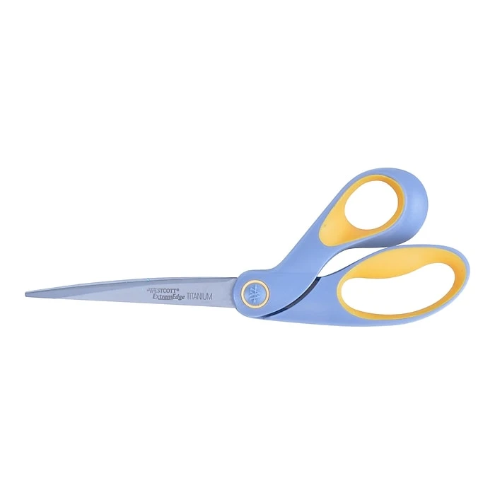 Westcott® Bent ExtremEdge Adjustable Tension Titanium Bonded® 9" Scissors, Blunt Tip, Gray/Yellow (14669) 1 Westcott® Bent ExtremEdge Adjustable Tension Titanium Bonded® 9" Scissors, Blunt Tip, Gray/Yellow (14669)