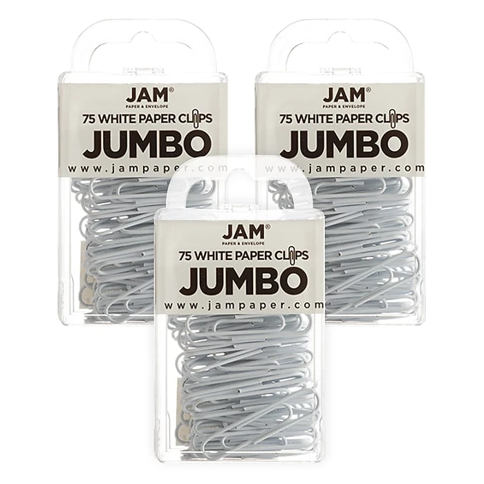 JAM Paper Jumbo Paper Clips, White, 3 Packs Of 75 (2184934B) 1 JAM Paper Jumbo Paper Clips, White, 3 Packs Of 75 (2184934B)