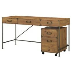Kathy Ireland® Home By Bush Furniture Ironworks 60W Writing Desk With Mobile File Cabinet, Vintage Golden Pine (IW012VG)