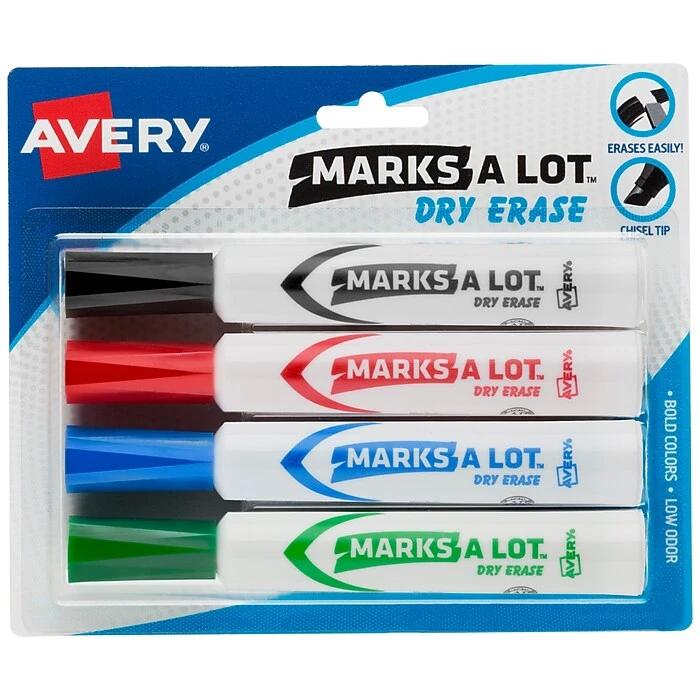 Avery Marks A Lot Desk-Style Dry Erase Markers, Chisel Tip, Assorted Colors, 4 Markers Per Set (24409) 1 Avery Marks A Lot Desk-Style Dry Erase Markers, Chisel Tip, Assorted Colors, 4 Markers Per Set (24409)